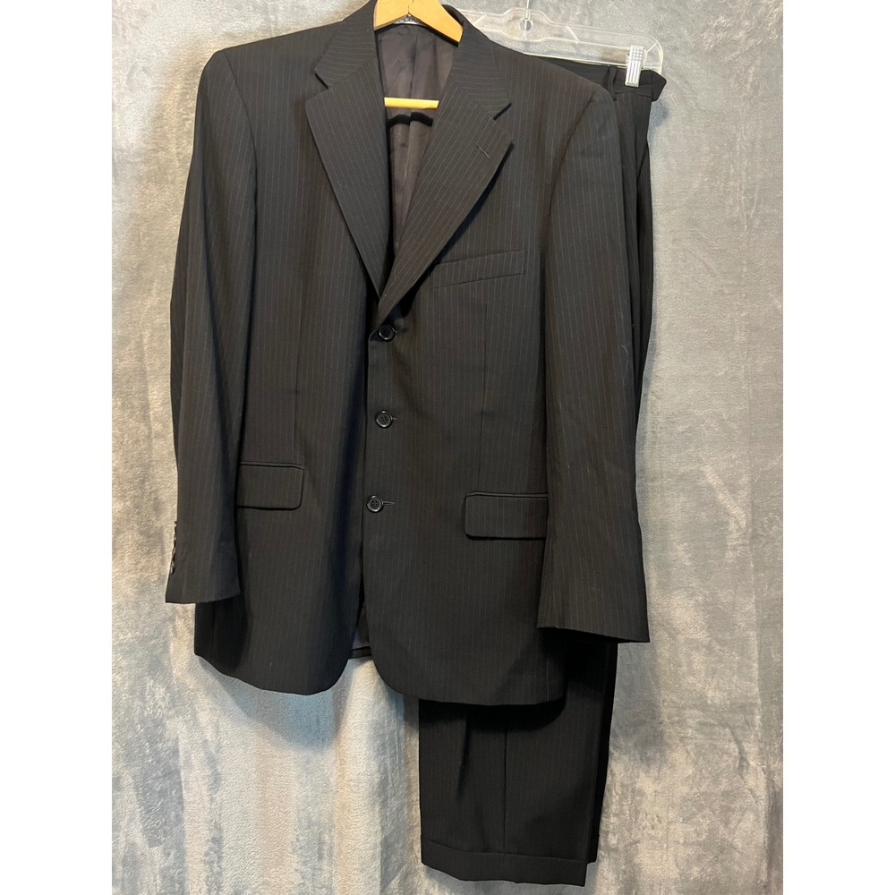 Louis Feraud Covarra Pinstripe Suit 44R Black Wool 2pc Jacket Pants